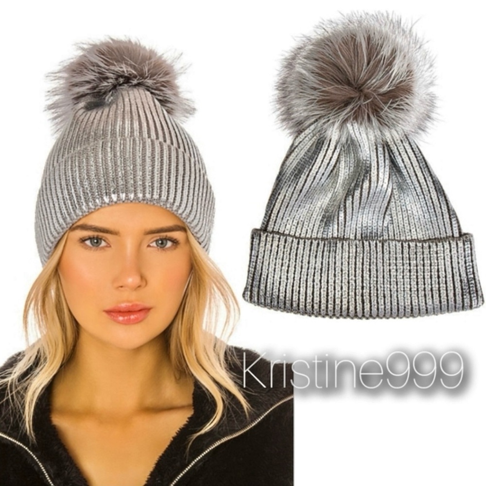 Adrienne landau real sliver fox fur metallic brushed beanie comes with gift